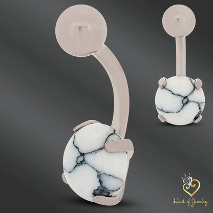 316L Surgical Steel Prong Set Howlite Resemble Stone Belly Navel Ring  Steel Color - 8x5mm Ball - 14g Thickness - 11mm Length