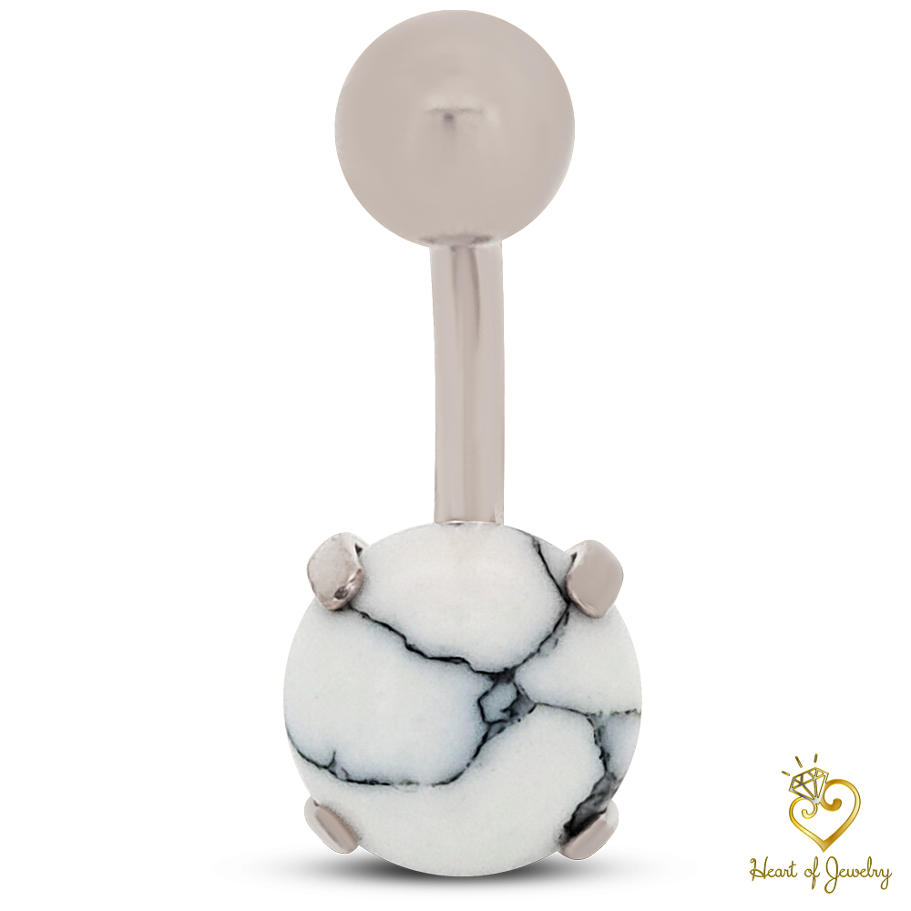 316L Surgical Steel Prong Set Howlite Resemble Stone Belly Navel Ring  Steel Color - 8x5mm Ball - 14g Thickness - 11mm Length