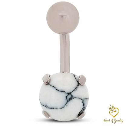 316L Surgical Steel Prong Set Howlite Resemble Stone Belly Navel Ring  Steel Color - 8x5mm Ball - 14g Thickness - 11mm Length