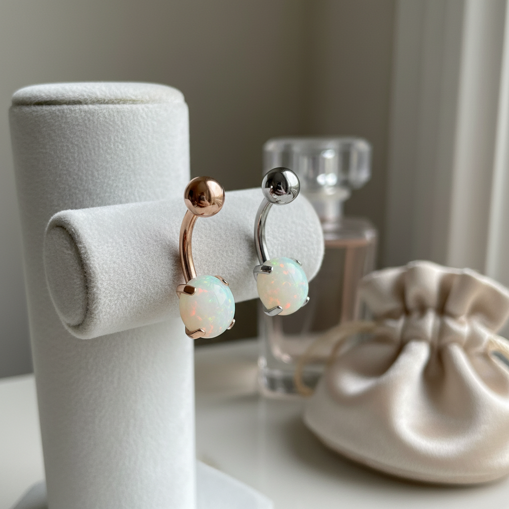 316L Surgical Steel Prong Set Opalite Resemble Belly Navel Ring  Steel Color - 8x5mm Ball - 14g Thickness - 10mm Length