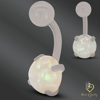 316L Surgical Steel Prong Set Opalite Resemble Belly Navel Ring  Steel Color - 8x5mm Ball - 14g Thickness - 10mm Length