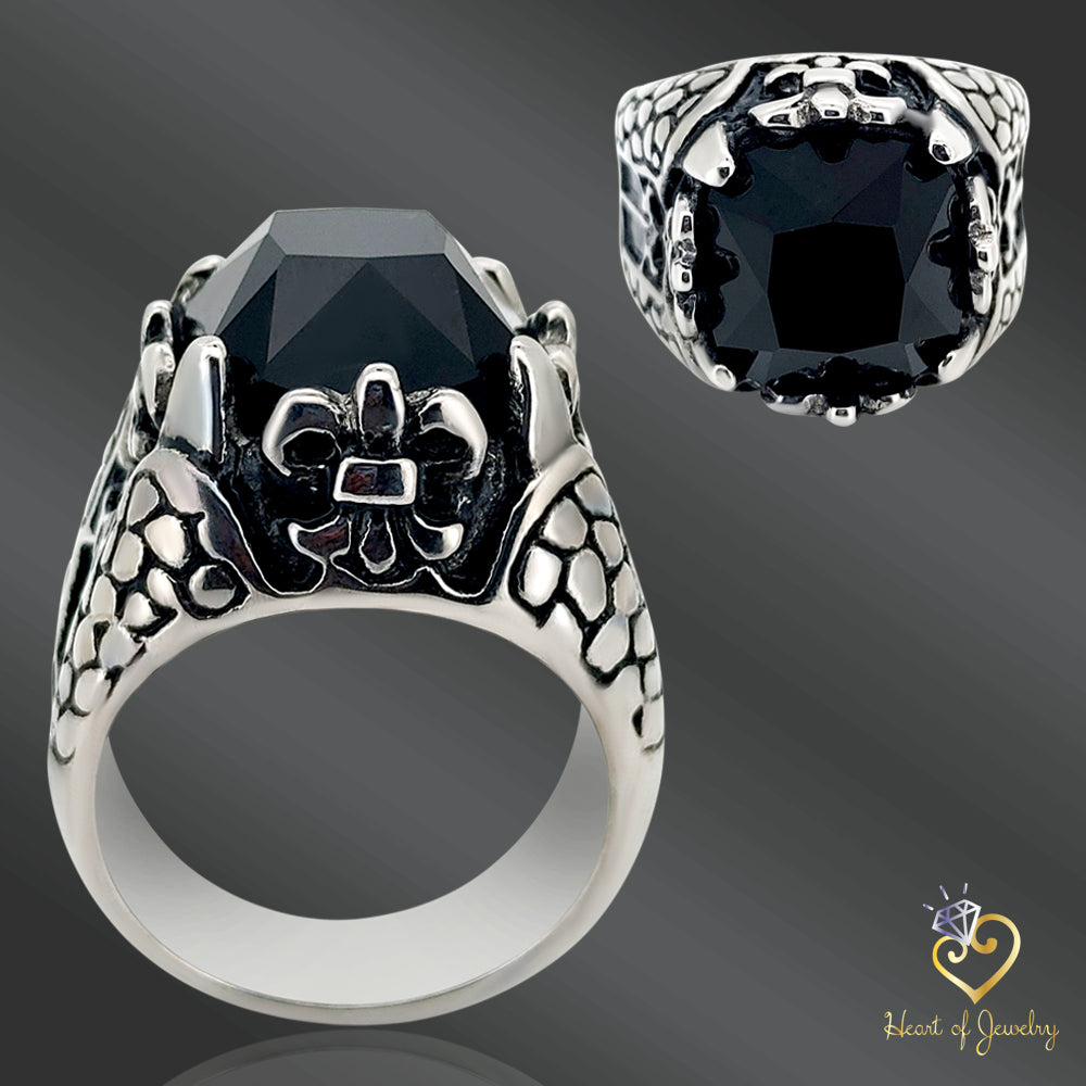 Faceted Onyx Square Gem Royal Fleur De  Lis Dragon Claw Cast Ring Stainless Steel