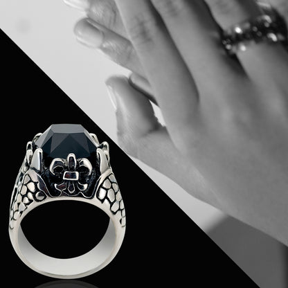 Faceted Onyx Square Gem Royal Fleur De  Lis Dragon Claw Cast Ring Stainless Steel