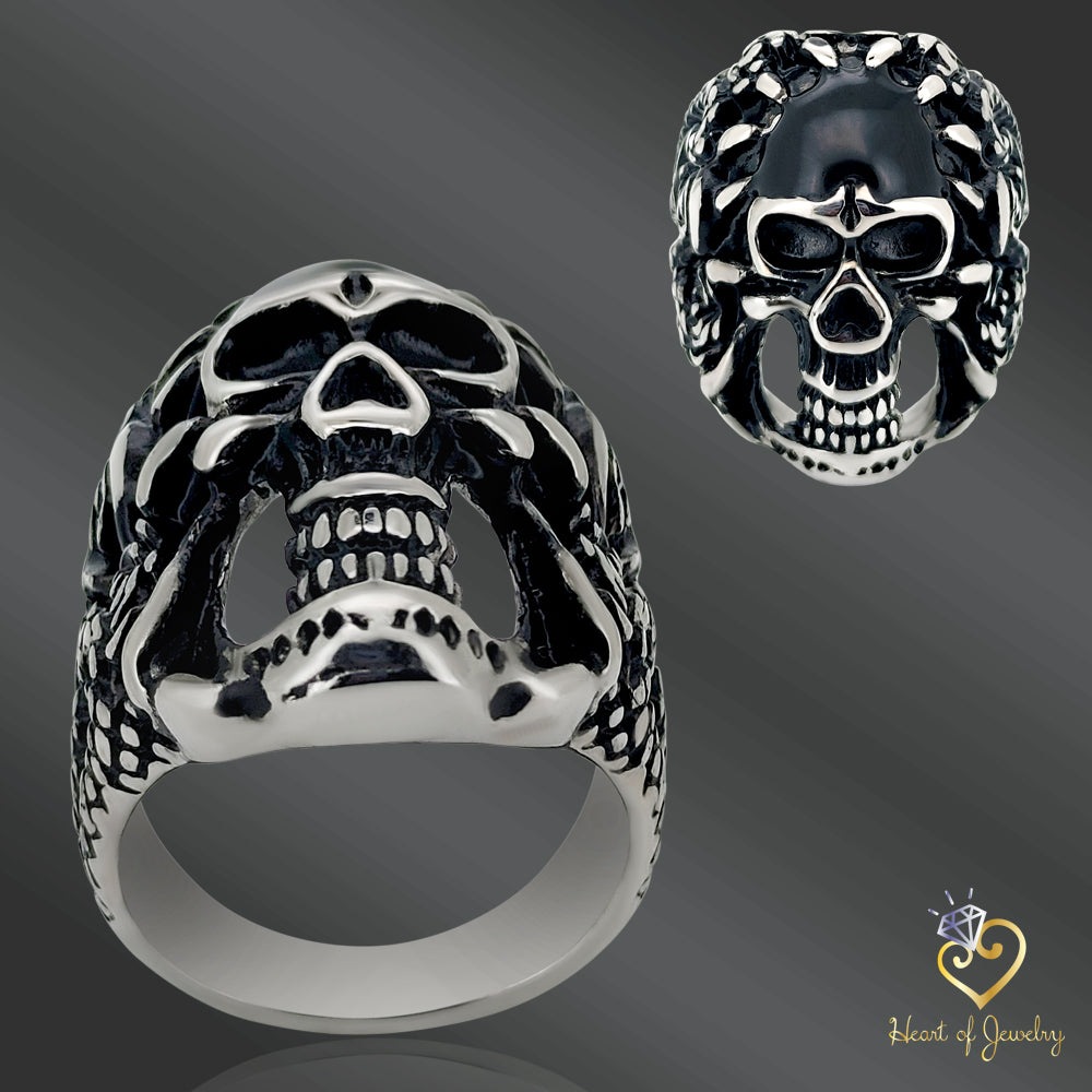 Rose Decorated Steel Claws Grasping  Black Skull Stainless Steel Casting Rings