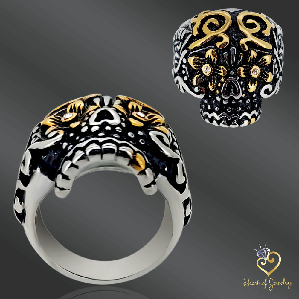Day of the Dead Sugar Skull with Gold PVD  Plated Floral Eyes Stainless Steel Casting Rings