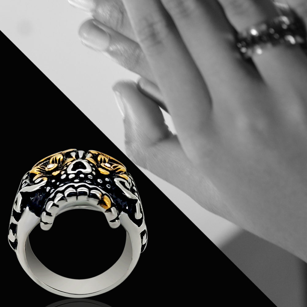 Day of the Dead Sugar Skull with Gold PVD  Plated Floral Eyes Stainless Steel Casting Rings