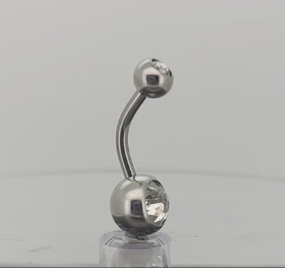 316L Surgical Steel Double Gem Cubic Zirconia Belly Navel Ring  Clear Color - 8x5mm Ball - 14g Thickness - 11mm Length